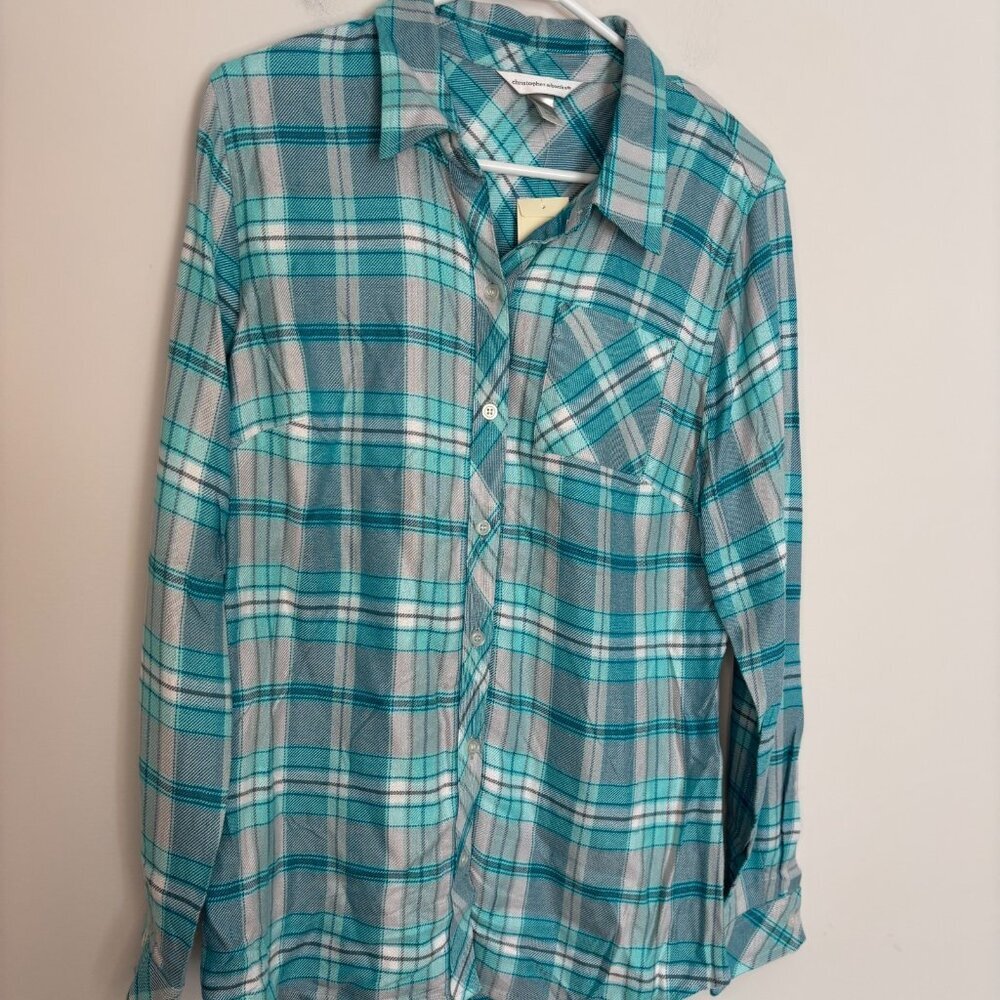 CHRISTOPHER & BANKS NEW Teal Plaid Flannel Womens M Collared Long Sleeve Rayon - Picture 4 of 7